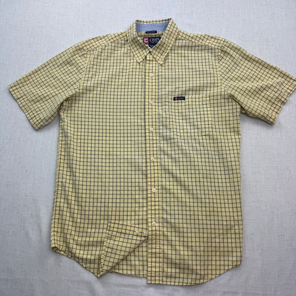 Chaps Button Down Shirt Mens Large Yellow Grid Plaid Short Sleeve Preppy Classic